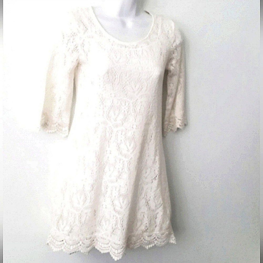 Crochet Floral Lace Off White Pullover Mini Dress Sz 2 Slip Lining H & M